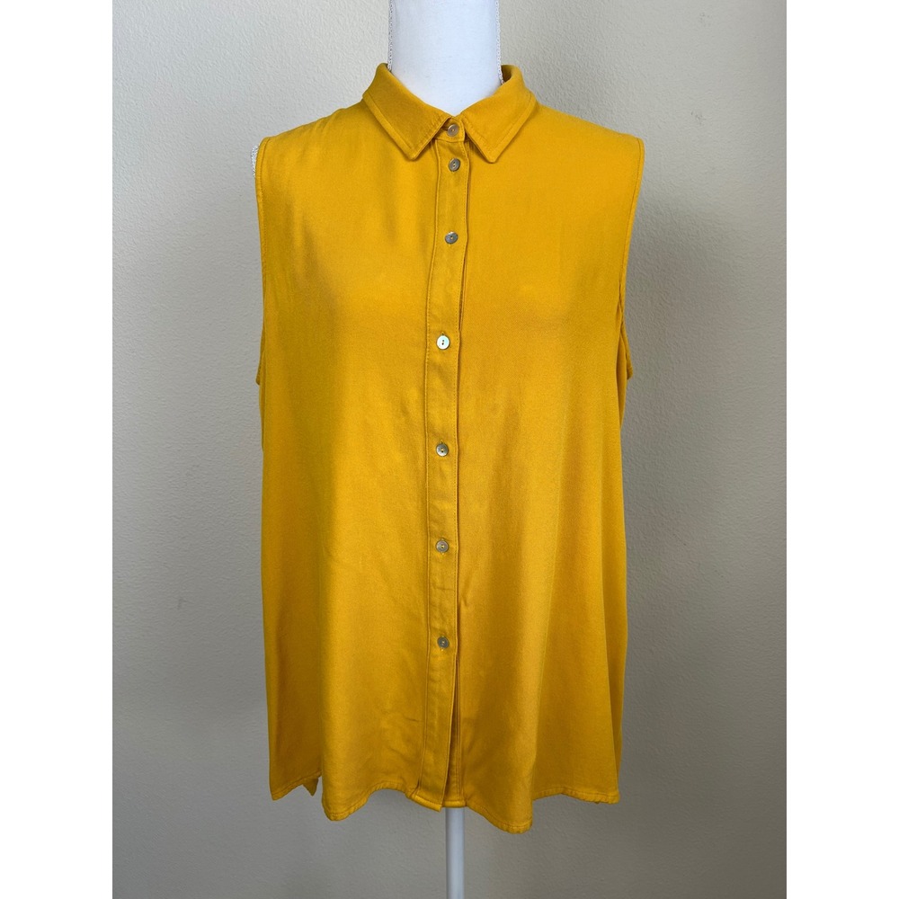 Fever Mustard Gold Sleeveless Button Front Blouse L High Low Casual Minimalist